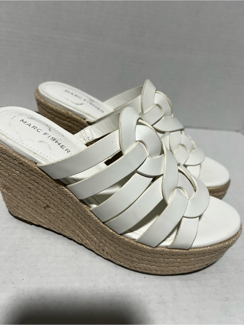 Marc Fisher White Braided-Strap Espadrille Wedge Sandals